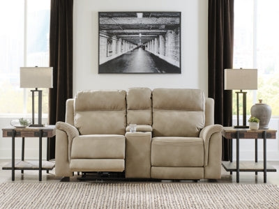 Ashley Furniture Next-Gen DuraPella power reclining loveseat with console, featuring plush upholstery and built-in cup holders.