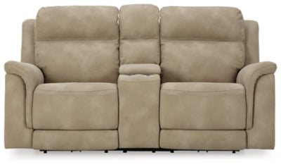 Ashley Furniture Next-Gen DuraPella power reclining loveseat with console, showing plush cushions and modern design.