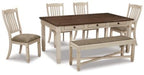 Ashley Bolanburg dining room set with a wooden table and six upholstered chairs, perfect for a modern dining space.