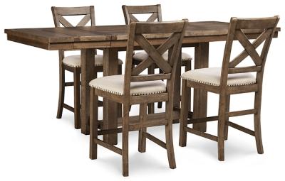 Ashley Furniture Moriville counter height dining set with a wooden table and matching chairs in a modern dining room.