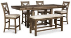 Ashley Furniture Moriville counter height dining set with four chairs and a rectangular table in a modern dining room scene.