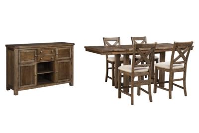 Ashley Moriville counter height dining set with a wooden table and matching chairs in a modern dining room setting
