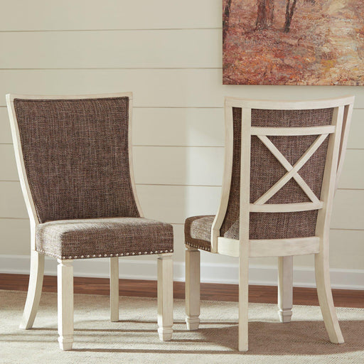 Ashley Furniture Bolanburg dining chair with upholstered seat and wooden legs, stylish and comfortable for dining room decor.