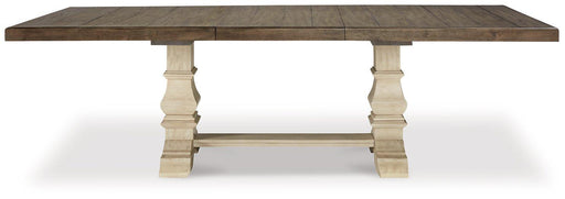 Bolanburg extension dining table by Ashley Furniture showing a sturdy wooden surface with extending leaves and classic design.
