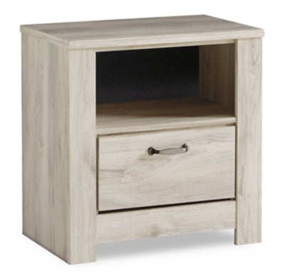 Ashley Furniture Bellaby nightstand with a dark wood finish and modern design, featuring a single drawer and open shelf.