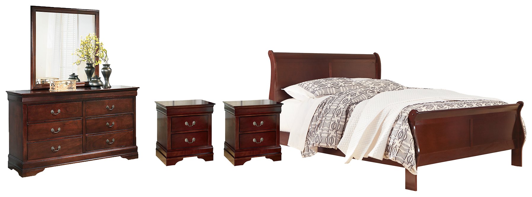Ashley Furniture Alisdair bedroom set featuring a bed, matching nightstands, and dresser in a modern, stylish design.