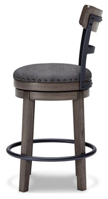 Ashley Furniture Caitbrook counter height bar stool with wooden frame and cushioned seat, shown from side angle.