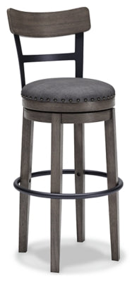 Ashley Furniture Caitbrook bar height barstool with wooden legs and upholstered seat, shown from an angled side view.
