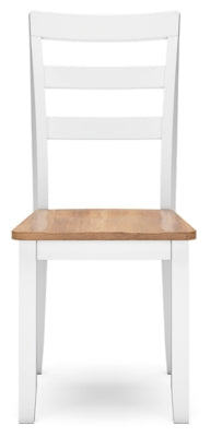 Ashley Furniture Gesthaven dining set with a wooden table and six upholstered chairs, viewed from the head-on angle.