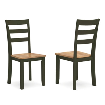 Ashley Furniture Gesthaven dining room set with a wooden table and six matching upholstered chairs, shown from an angled view.