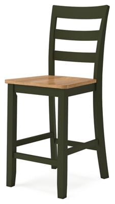 Ashley Furniture Gesthaven dining room set with a round table and six upholstered chairs, shown from an angled view.
