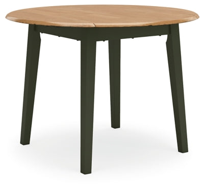 Ashley Furniture Gesthaven dining room set with a wooden table and six upholstered chairs, shown from an angled perspective.