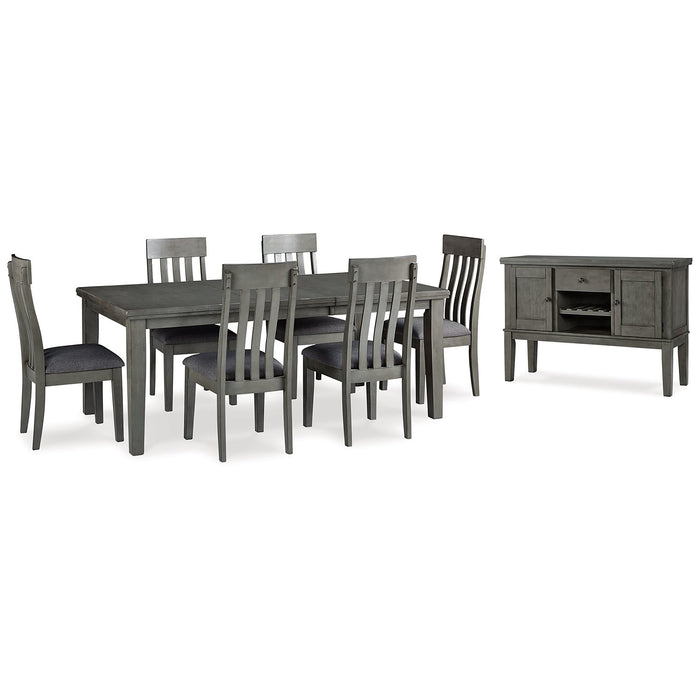 Ashley Furniture Hallanden dining room set with a rectangular table and six matching chairs in a modern design.