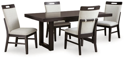 Ashley Furniture Neymorton dining room set with a wooden table and matching chairs, featuring a leaf design on the table surface.