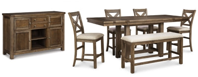 Ashley Furniture Moriville counter height dining set with four chairs and a rectangular table in a modern dining room setting.