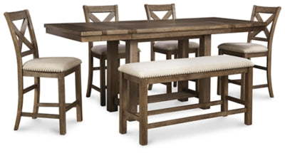 Ashley Moriville counter height dining set with a wooden table and matching chairs in a modern dining room setting.