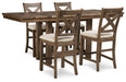 Ashley Furniture Moriville counter height dining set with a dark wood finish and four matching chairs in a contemporary dining room setting.