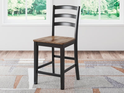 Ashley Furniture Wildenauer counter height barstool with wooden legs and cushioned seat, shown from a side angle.