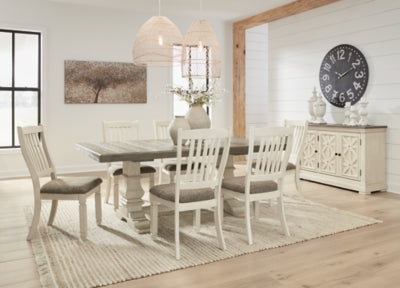 Ashley Furniture Bolanburg dining room set with a table and six upholstered chairs in a modern design.