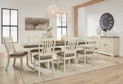 Ashley Furniture Bolanburg dining room set with a wooden table and matching chairs, shown with a polished surface and classic design.