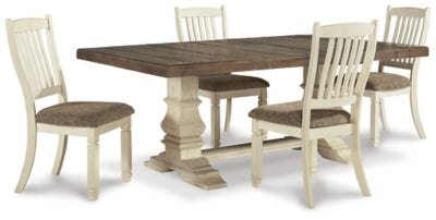 Ashley Furniture Bolanburg dining room set with a wooden table and matching chairs, shown from a side angle in a modern dining space.