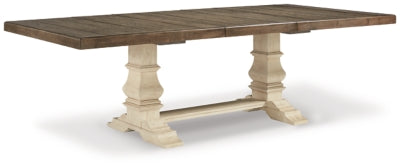 Ashley Furniture Bolanburg dining room set with a wooden table and six upholstered chairs, shown from an angled side view.
