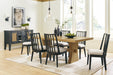 Ashley Furniture Galliden dining chair with dark wooden legs and upholstered beige fabric seat and back.