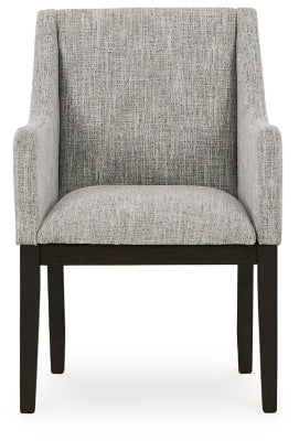 Ashley Furniture Burkhaus dining room set with a rectangular table and upholstered chairs, shown from the head-on angle.