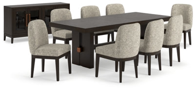 Ashley Furniture Burkhaus dining room set with a rectangular table and six upholstered chairs in a modern dining space.