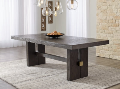 Ashley Furniture Burkhaus dining room set with a wooden table and six matching chairs, modern design for dining spaces