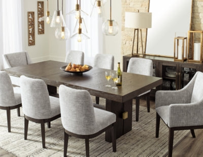 Ashley Furniture Burkhaus dining room set with a wooden table and matching chairs, modern design for elegant dining spaces.