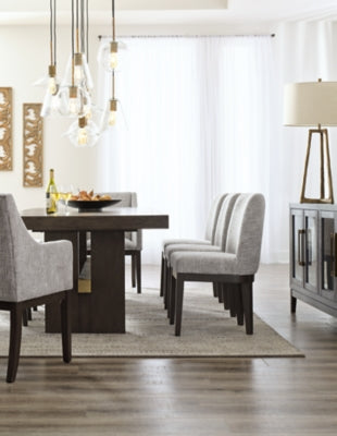 Ashley Furniture Burkhaus dining room set with a table and chairs, stylish wood finish, perfect for family dining spaces.