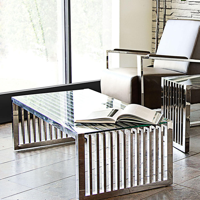 SOHO Rectangular Stainless Steel Cocktail Table w/ Clear, Tempered Glass Top by Diamond Sofa