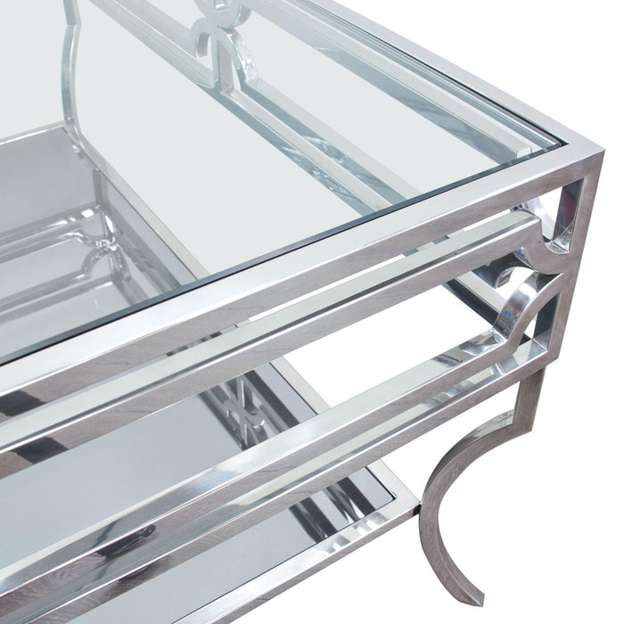 Avalon Cocktail Table with Clear Glass Top, Mirrored Shelf & Stainless Steel Frame by Diamond Sofa