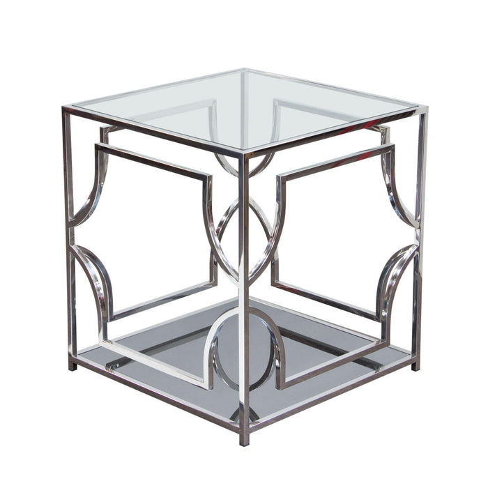 Avalon End Table with Clear Glass Top, Mirrored Shelf & Stainless Steel Frame by Diamond Sofa