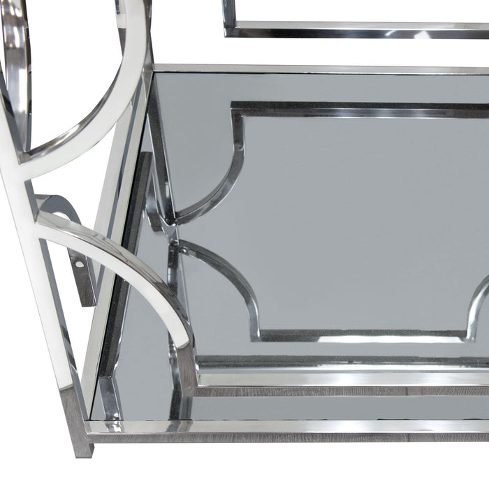 Avalon End Table with Clear Glass Top, Mirrored Shelf & Stainless Steel Frame by Diamond Sofa