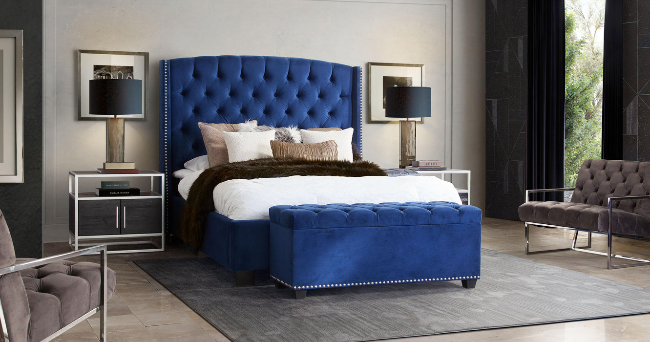 Majestic Queen Tufted Bed in Royal Navy Velvet with Nail Head Wing Accents by Diamond Sofa