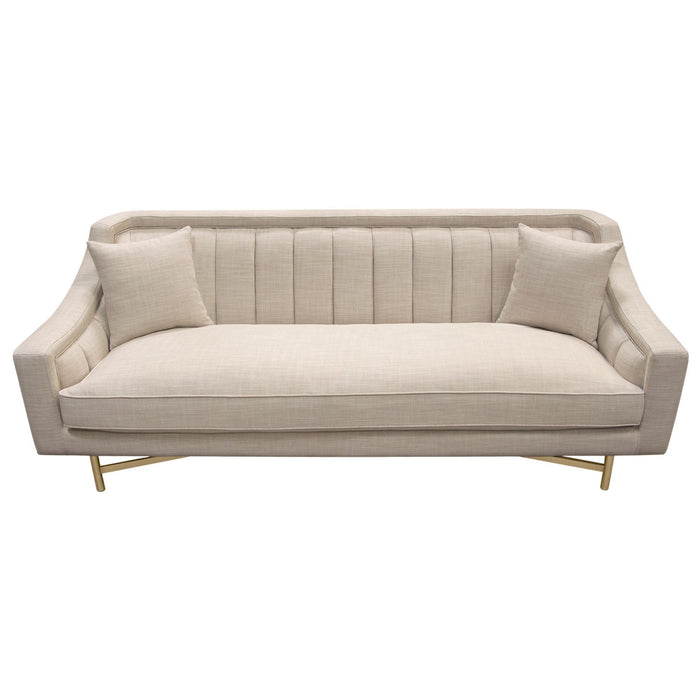 Croft Fabric Sofa in Sand Linen Fabric w/ Accent Pillows and Gold Metal Criss-Cross Frame by Diamond Sofa