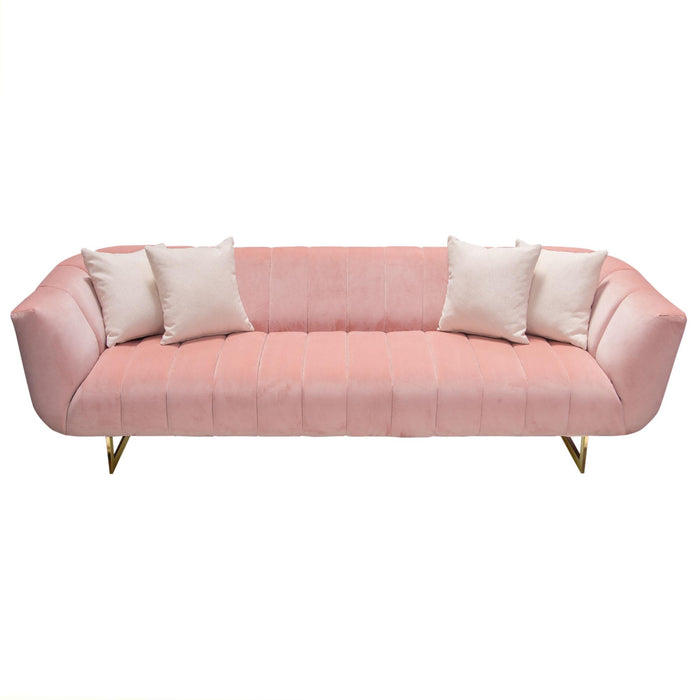 Venus Sofa in Blush Pink Velvet w/ Contrasting Pillows & Gold Finished Metal Base by Diamond Sofa