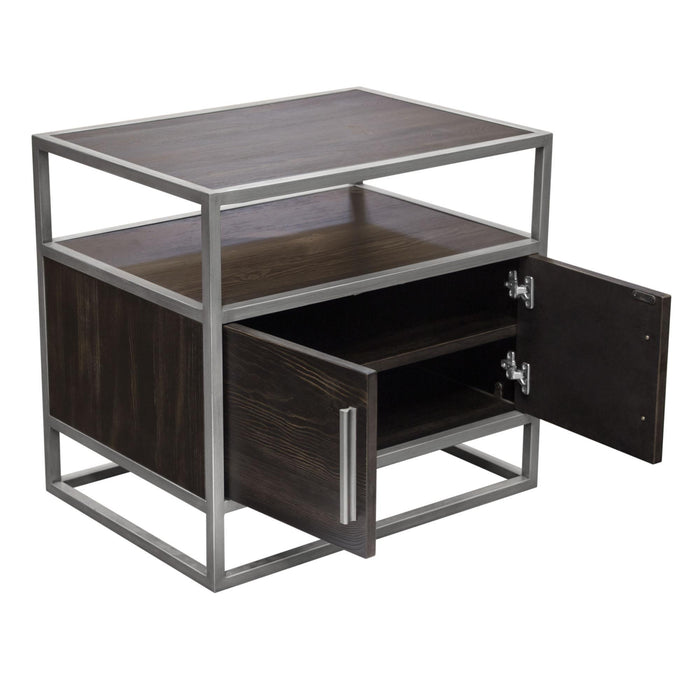 Empire 2-Door End Table in Dark Brown Veneer w/ Hand brushed Silver Metal Frame by Diamond Sofa