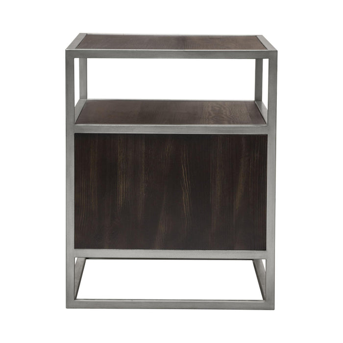 Empire 2-Door End Table in Dark Brown Veneer w/ Hand brushed Silver Metal Frame by Diamond Sofa