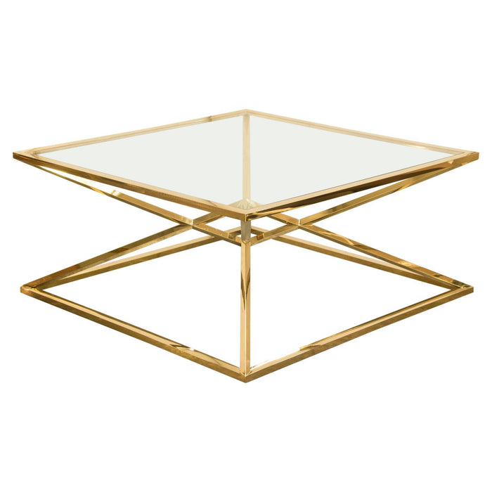 Aria Square Stainless Steel Cocktail Table w/ Polished Gold Finish Base & Clear, Tempered Glass Top by Diamond Sofa