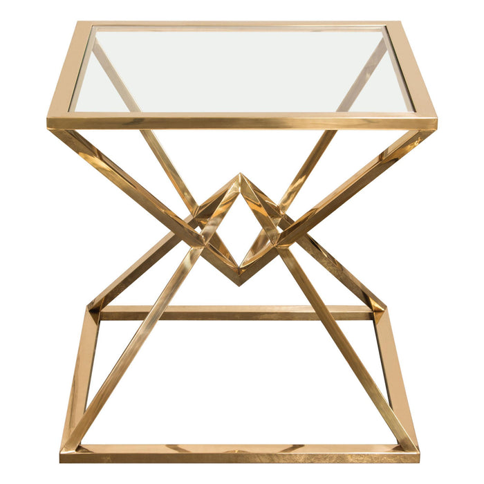 Aria Square Stainless Steel End Table w/ Polished Gold Finish Base & Clear, Tempered Glass Top by Diamond Sofa