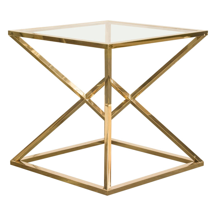 Aria Square Stainless Steel End Table w/ Polished Gold Finish Base & Clear, Tempered Glass Top by Diamond Sofa