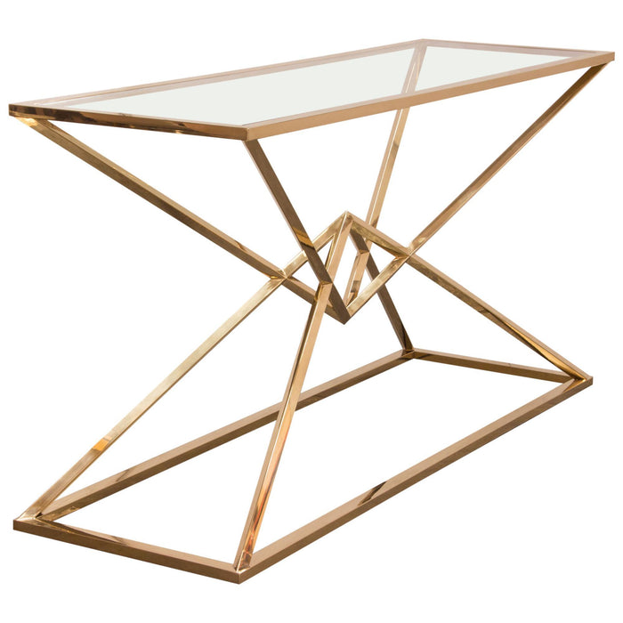 Aria Rectangle Stainless Steel Console Table w/ Polished Gold Finish Base & Clear, Tempered Glass Top by Diamond Sofa