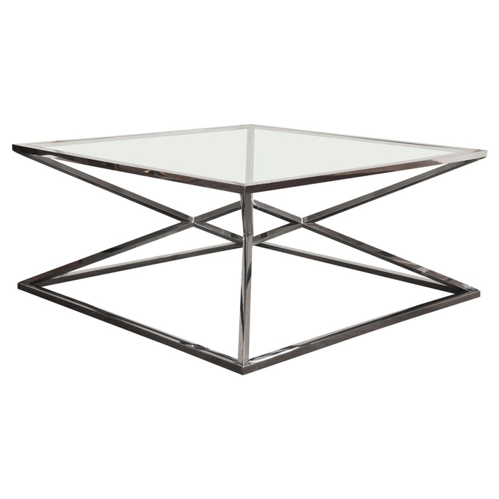 Aria Square Stainless Steel Cocktail Table w/ Polished Black Finish Base & Clear, Tempered Glass Top by Diamond Sofa