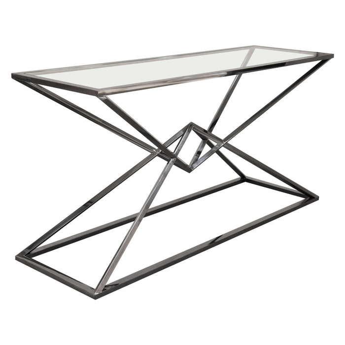 Aria Rectangle Stainless Steel Console Table w/ Polished Black Finish Base & Clear, Tempered Glass Top by Diamond Sofa