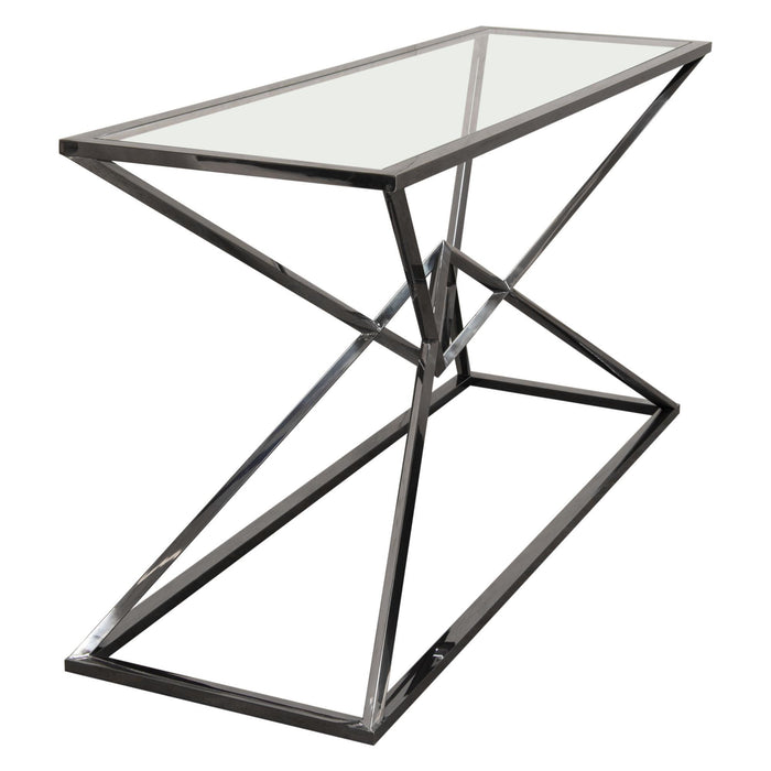 Aria Rectangle Stainless Steel Console Table w/ Polished Black Finish Base & Clear, Tempered Glass Top by Diamond Sofa