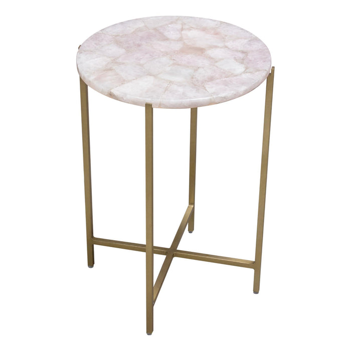 Mika Round Accent Table w/ Rose Quartz Top w/ Brass Base by Diamond Sofa