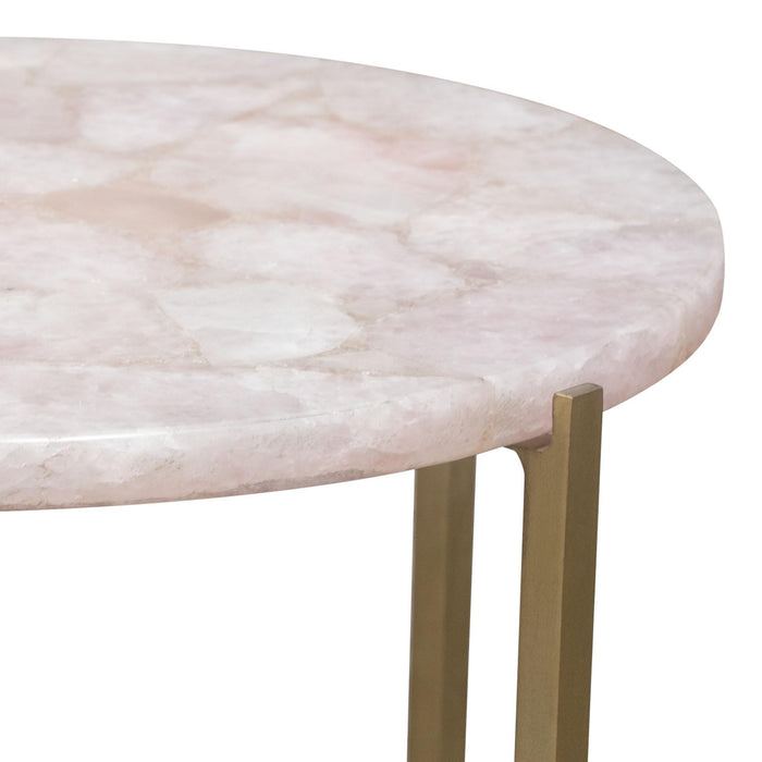 Mika Round Accent Table w/ Rose Quartz Top w/ Brass Base by Diamond Sofa